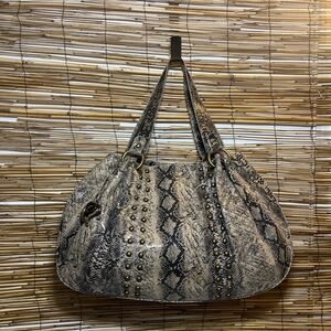 Snake-Print Studded Womens Shoulder Bag - Neutral Tones
